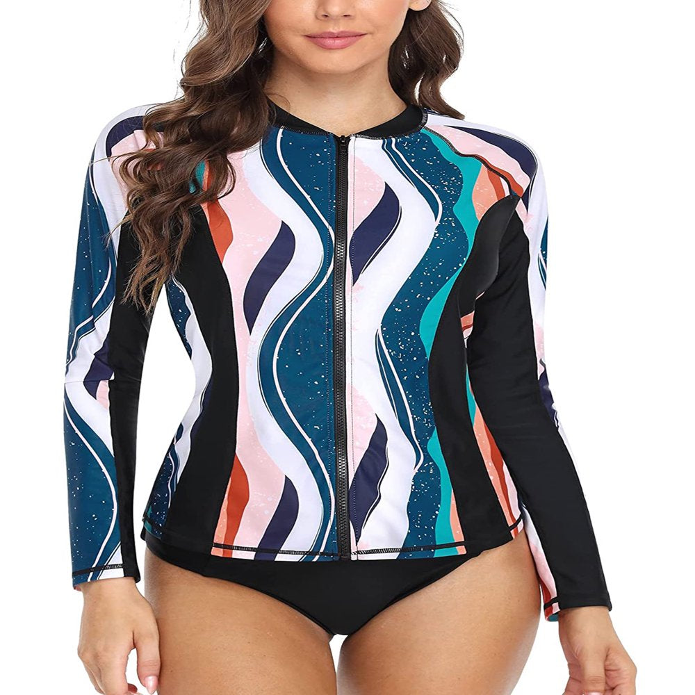 Charmo Women'S Zip Front Long Sleeve Rash Guard Top Sun Protection Swim Shirt