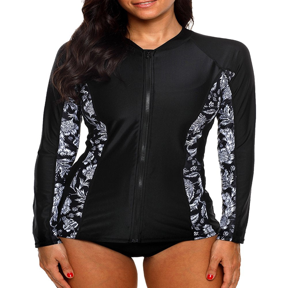 Charmo Women'S Zip Front Long Sleeve Rash Guard Top Sun Protection Swim Shirt