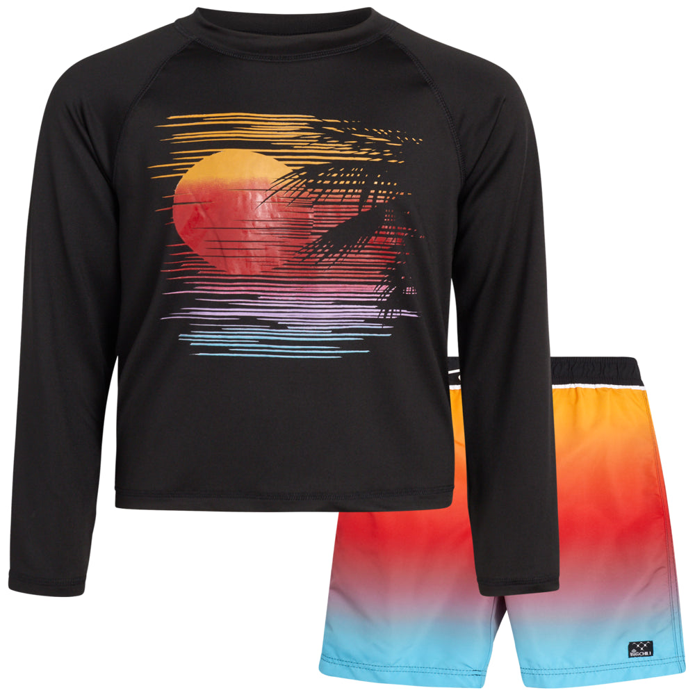 Big Chill Boys' Rash Guard Set - 2 Piece UPF 50+ Swim Trunks and Long Sleeve Swim Shirt (Little Kid/Big Kid)