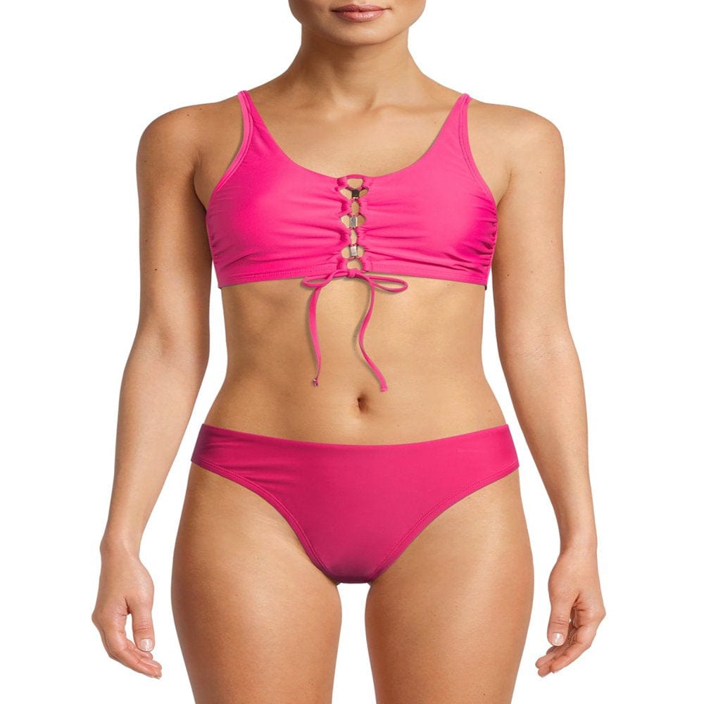 Time and Tru Women’S and Women'S plus Size Swim Lace up Front Crop Bikini Top