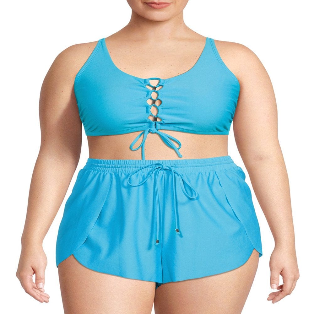 Time and Tru Women’S and Women'S plus Size Swim Lace up Front Crop Bikini Top