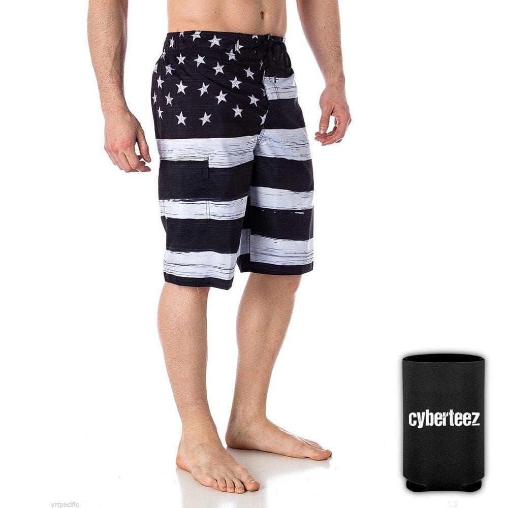 USA American Flag Old Glory Men'S B/W Patriotic Board Shorts Swim Trunks + Coolie (XL)