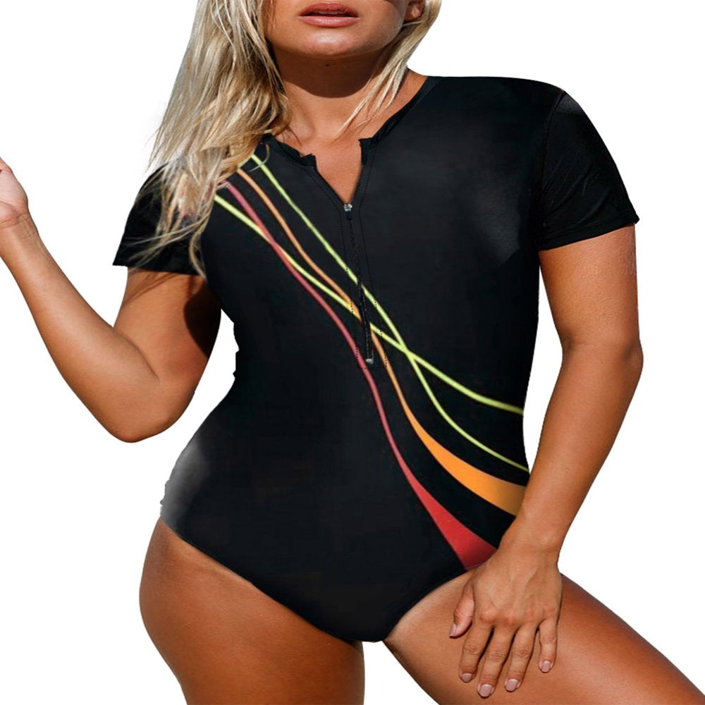 Dokotoo Women'S Zip Front Printed Half Sleeve One Piece Swimsuit Sexy Summer Beachwear Sports Surfing Bathing Suit S-XXL
