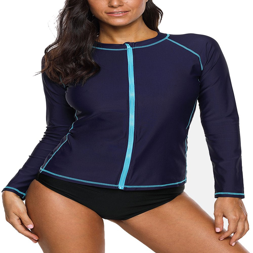 Charmo Women'S Zip Front Long Sleeve Swimsuits Rash Guard Top Sun Protection Swim Shirt
