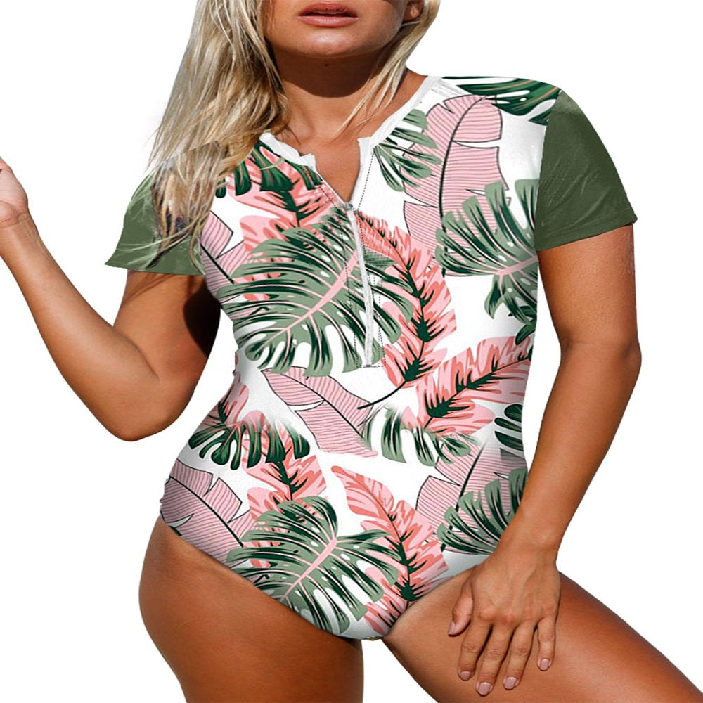 Dokotoo Women'S Zip Front Printed Half Sleeve One Piece Swimsuit Sexy Summer Beachwear Sports Surfing Bathing Suit S-XXL