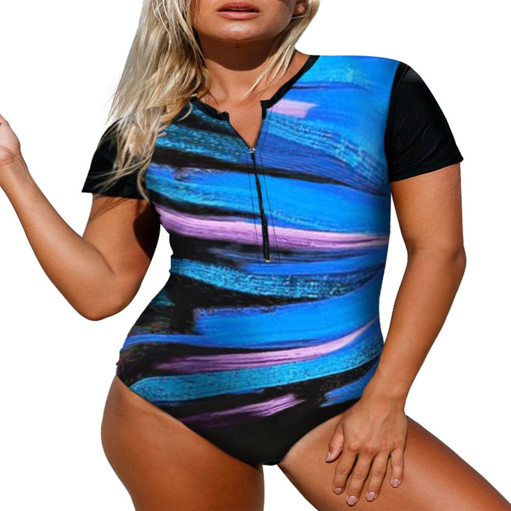 Dokotoo Women'S Zip Front Printed Half Sleeve One Piece Swimsuit Sexy Summer Beachwear Sports Surfing Bathing Suit S-XXL