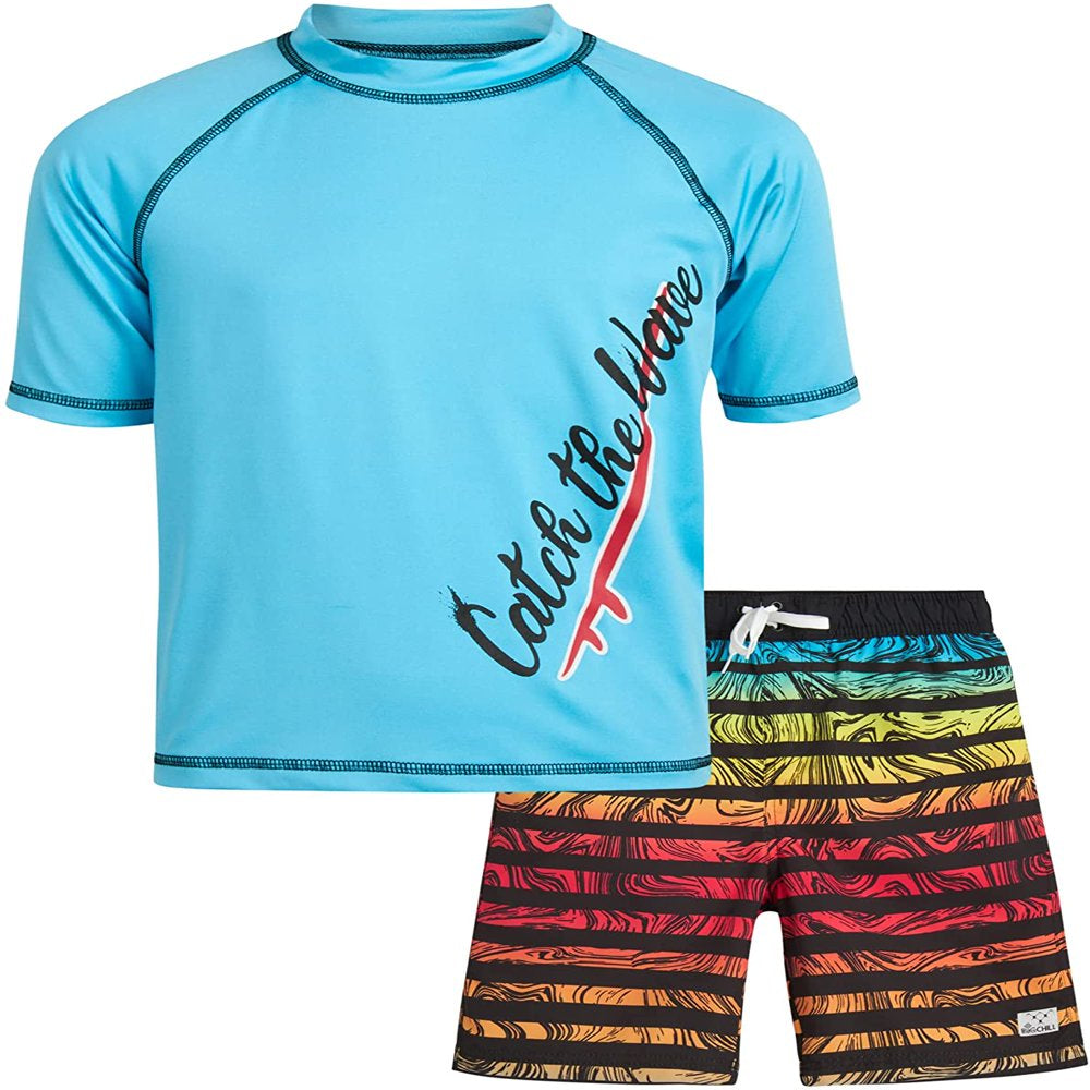 Big Chill Boys' Rash Guard Set - 2 Piece UPF 50+ Swim Trunks and Long Sleeve Swim Shirt (Little Kid/Big Kid)