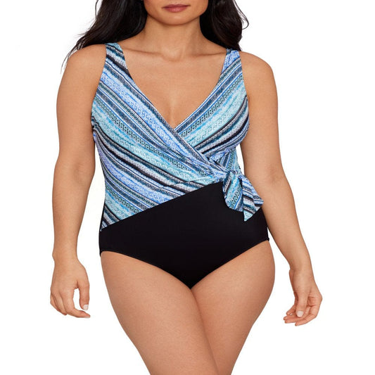 Embrace Your Curves Women'S and plus Celeste One Piece Faux Wrap Shoreline Stripe Swimsuit.