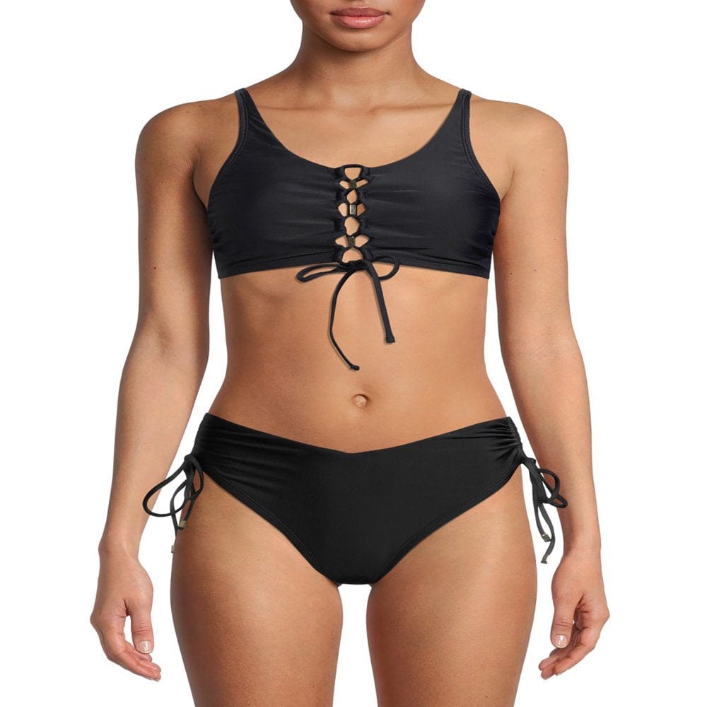 Time and Tru Women’S and Women'S plus Size Swim Lace up Front Crop Bikini Top