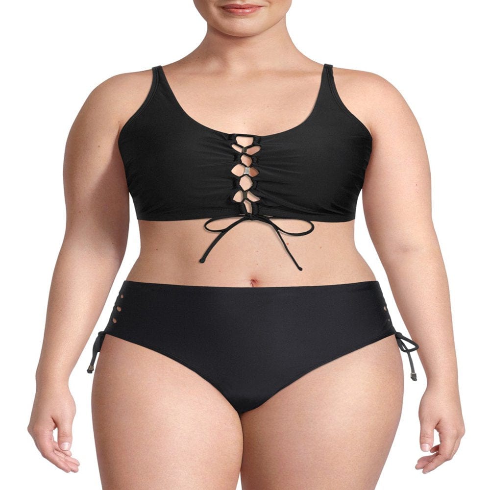 Time and Tru Women’S and Women'S plus Size Swim Lace up Front Crop Bikini Top